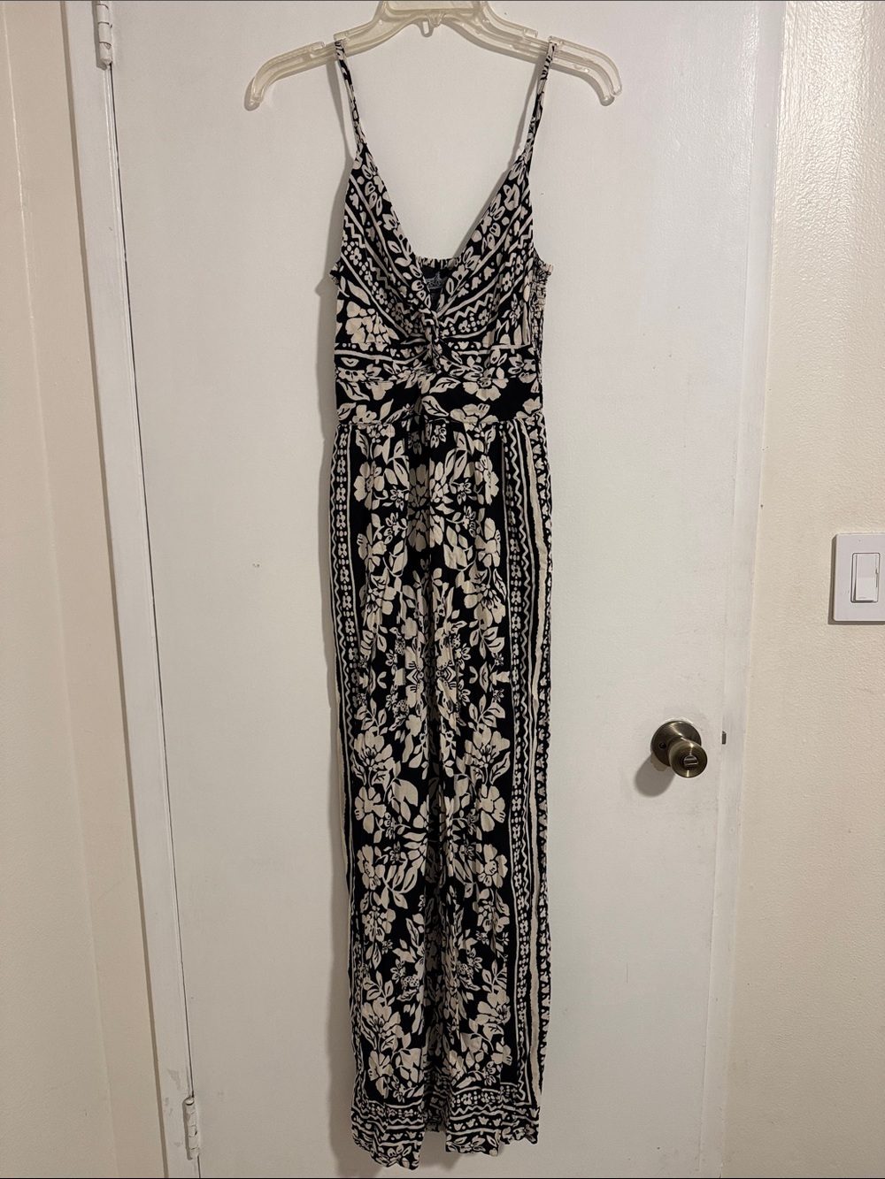Angie Black and Cream Floral Maxi Dress with Spaghetti Straps